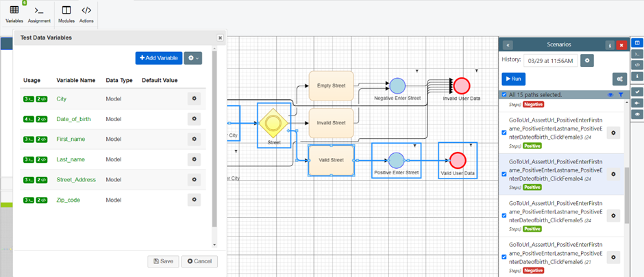 An example sign-up page model within Test Modeller. This model utilises Test Data variables to automatically assign data to nodes and actions ready for automation.